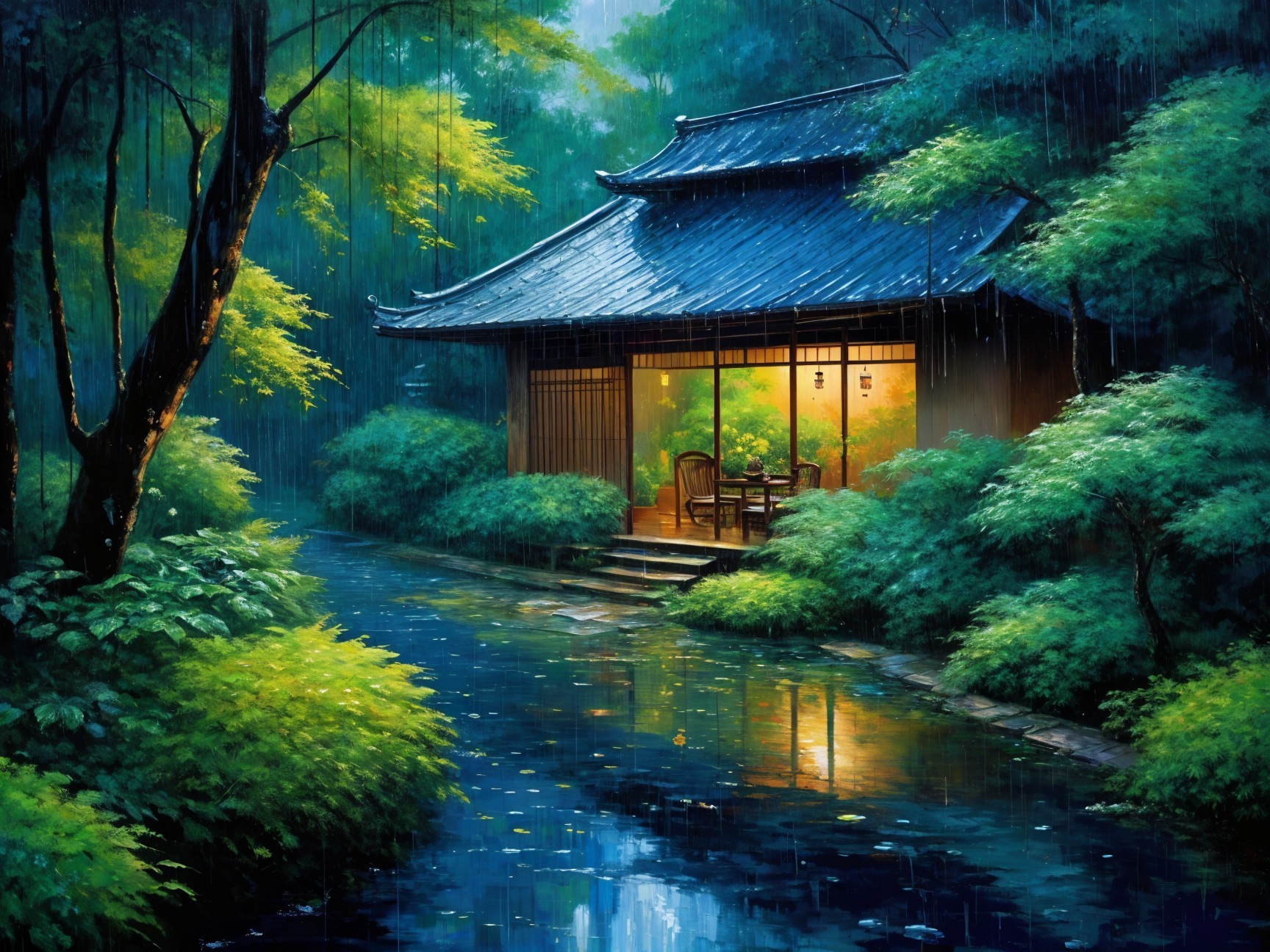 Japanese-style house in a rain-soaked landscape