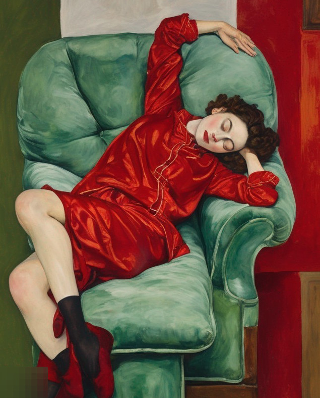 Woman in Red Dress and Socks Relaxing on Green Armchair