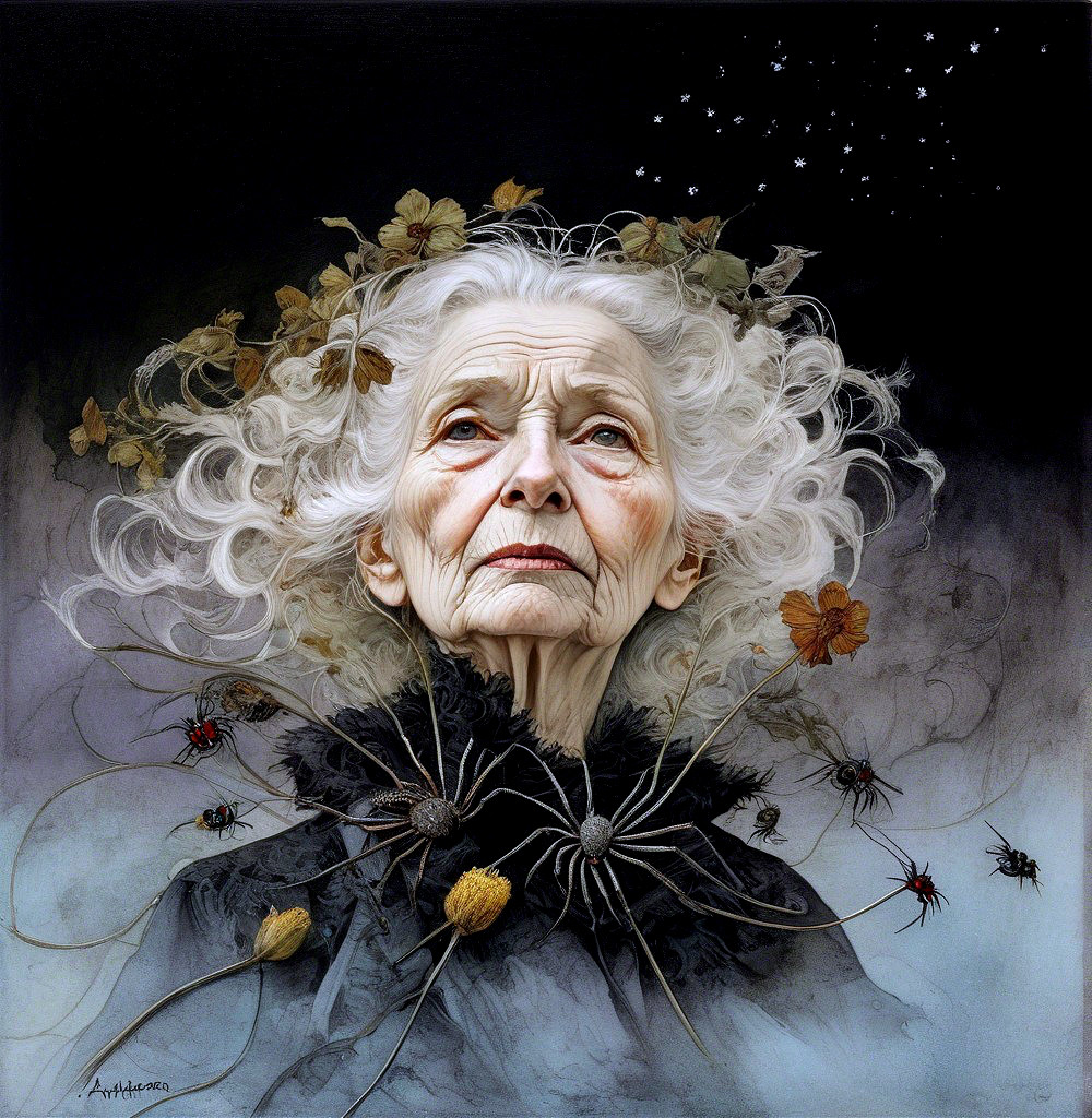 Elderly Woman Portrait with Flowers and Mystical Elements