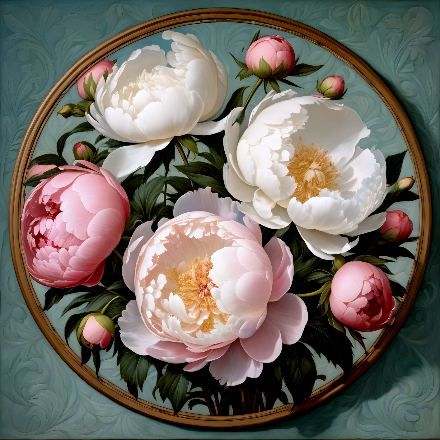 Circular Floral Composition with Peonies and Green Leaves