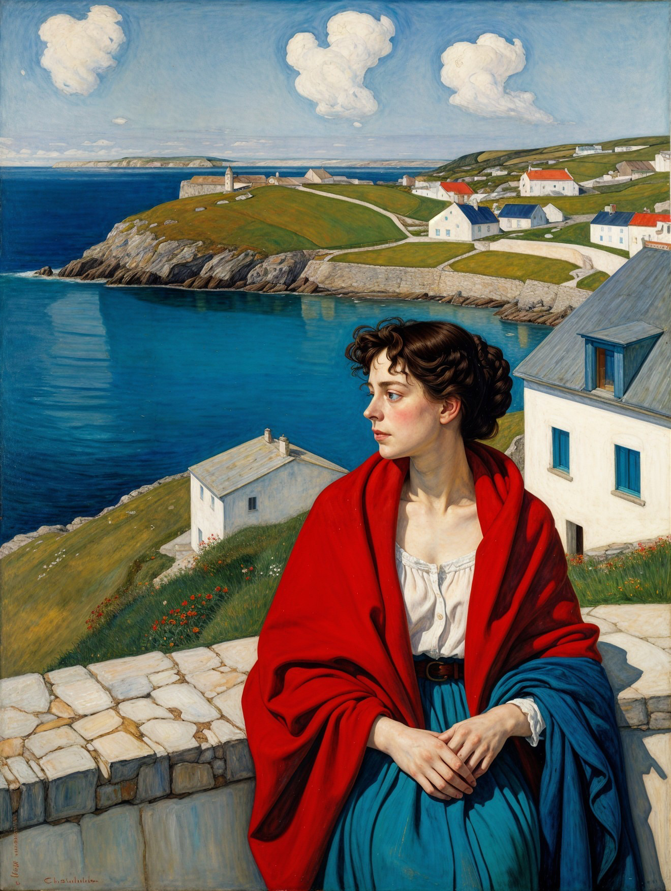 Woman in White Blouse with Red Shawl by Coastal Landscape