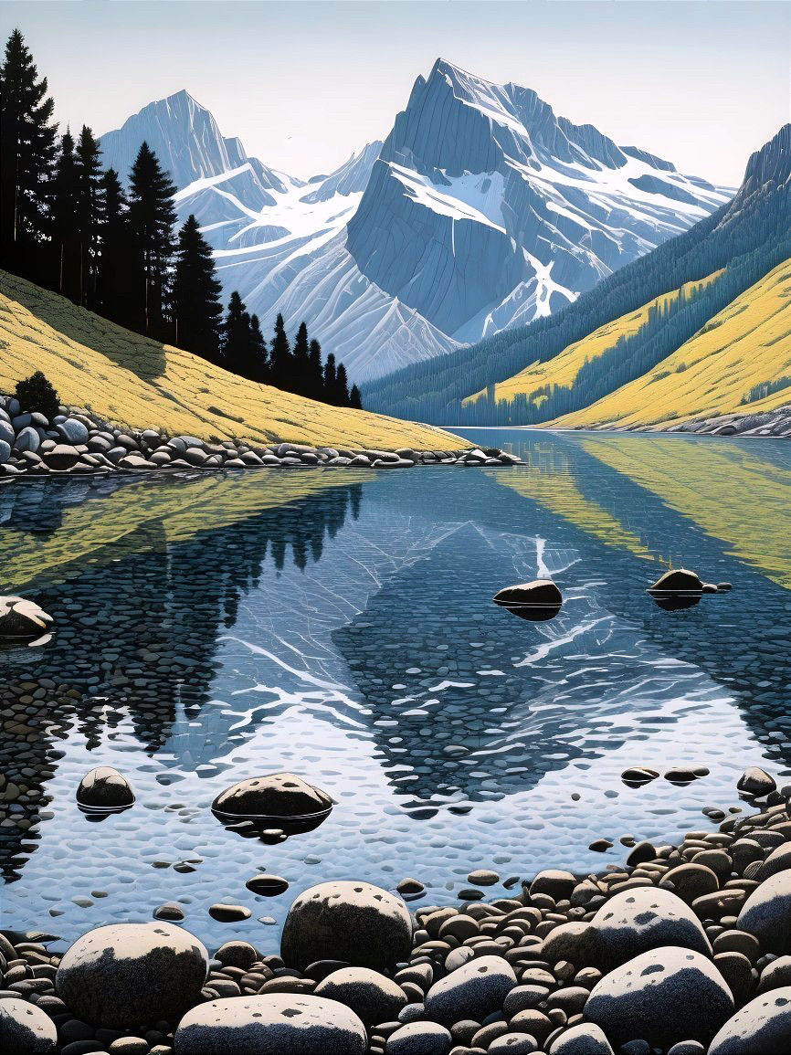 Serene Landscape with Reflective Lake and Mountains