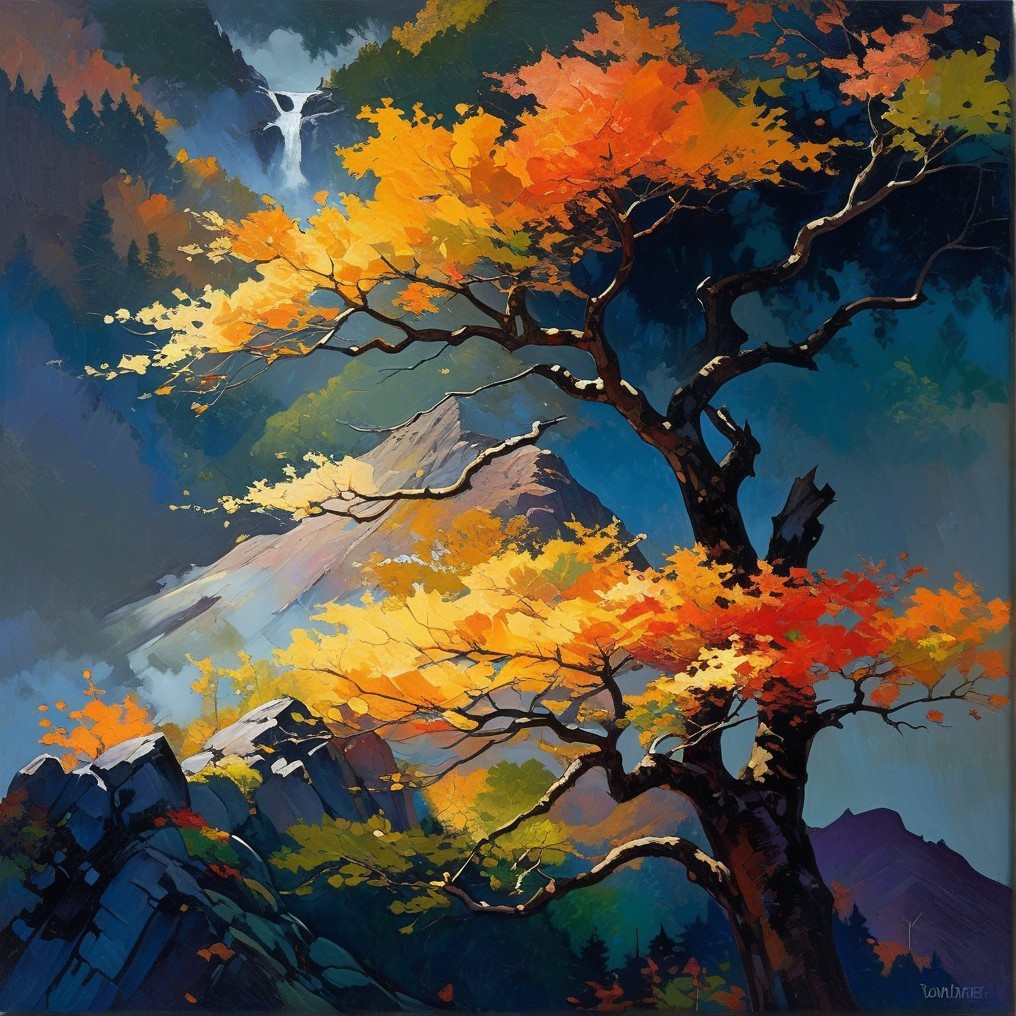 Autumn Landscape with Majestic Tree and Waterfall