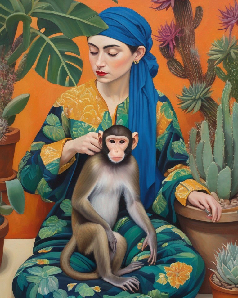 Woman in Floral Robe with Monkey Among Tropical Plants