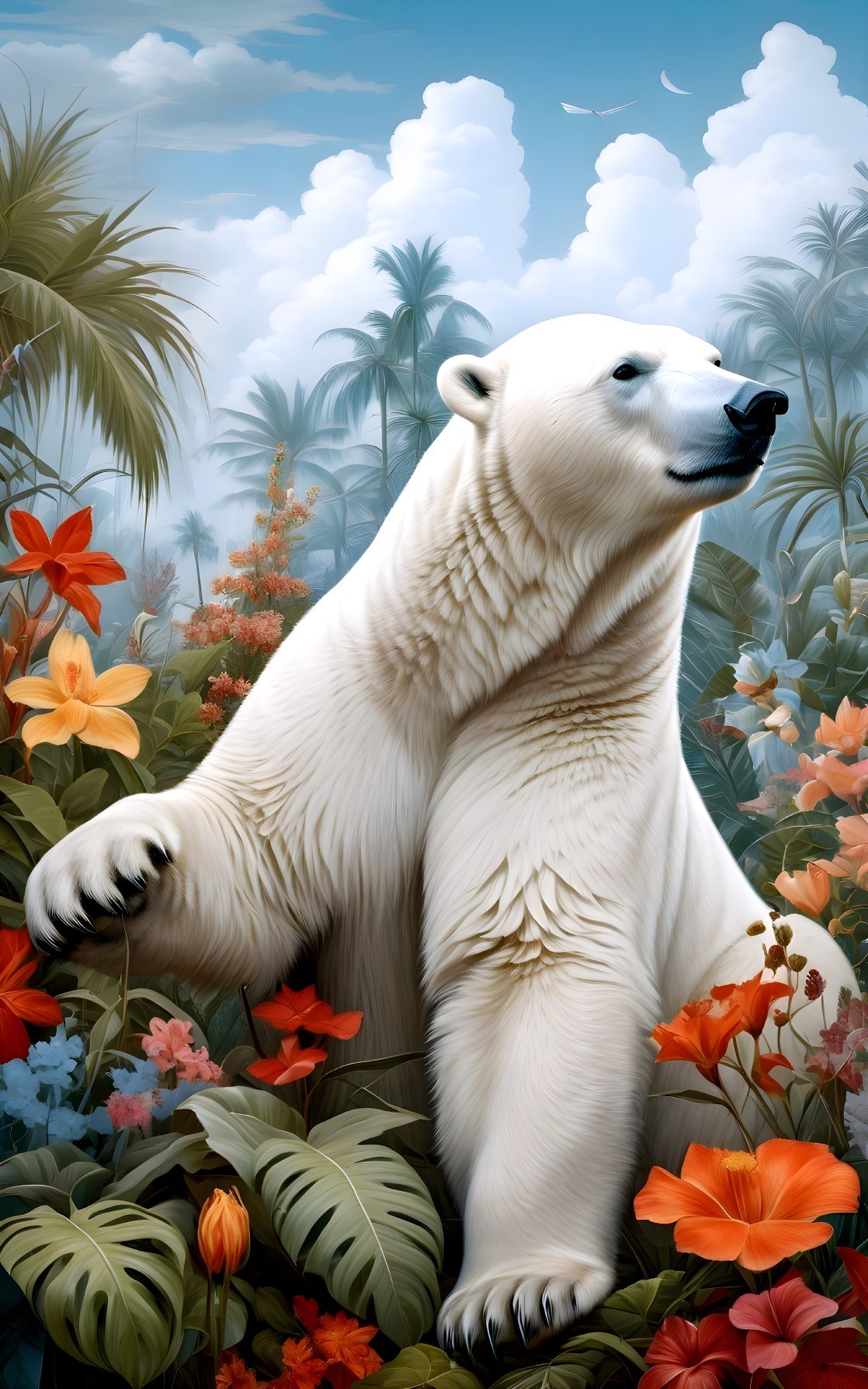 Polar bear in vibrant tropical landscape with flowers