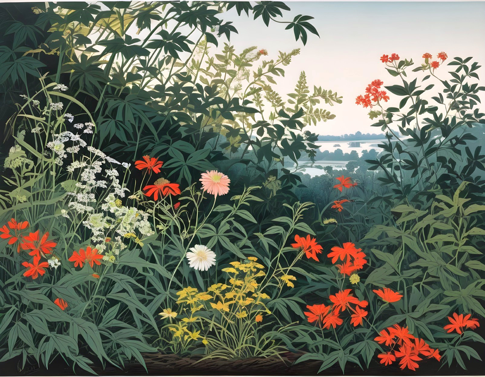 Lush Greenery and Colorful Flowers in Tranquil Setting