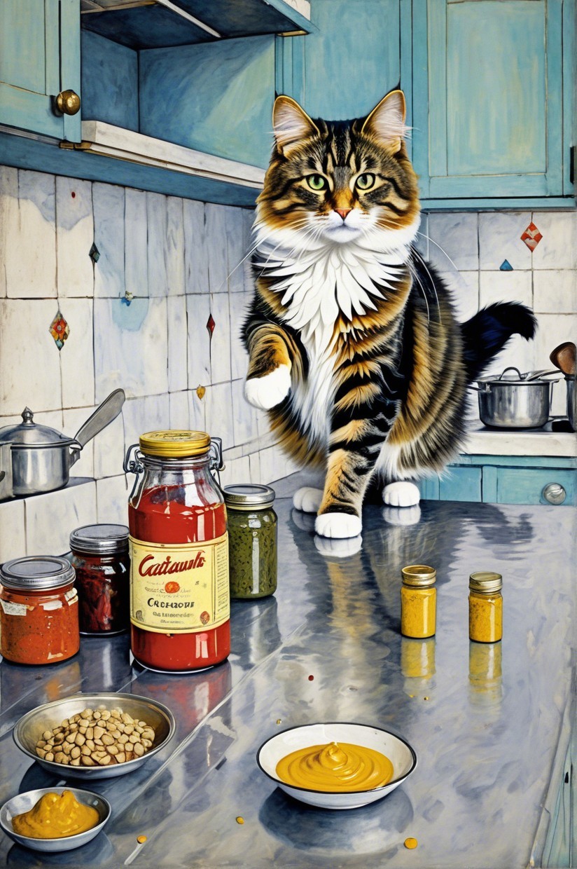 Tabby Cat on Kitchen Counter with Spices and Sauces