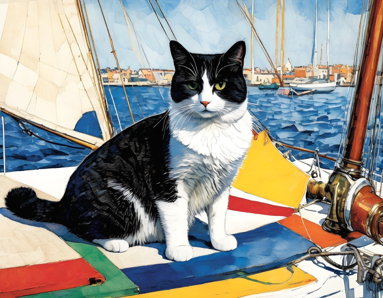 Black and White Cat on Colorful Sailboat Deck