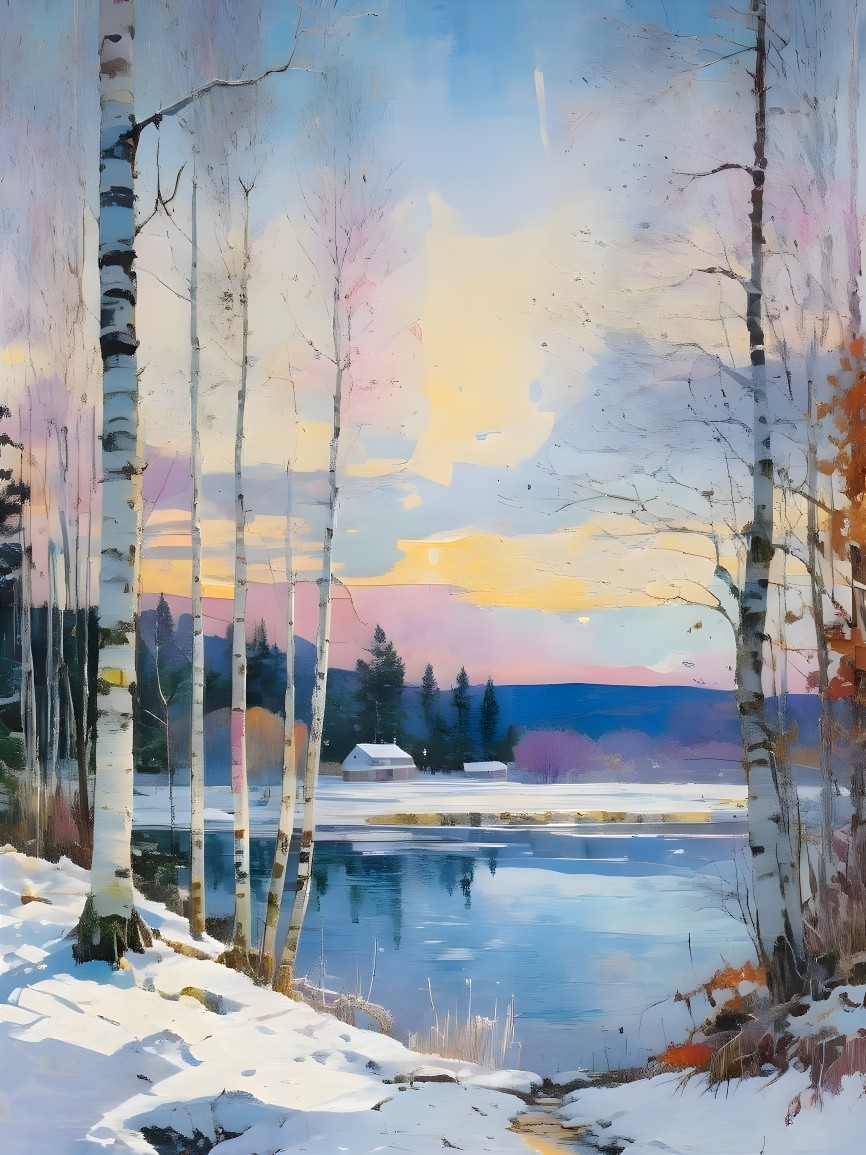 Serene Winter Landscape with Birch Trees and Sunset