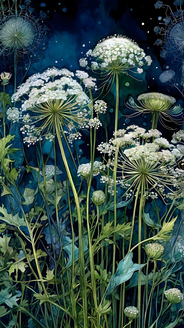 Delicate White Flowers on Deep Blue Background