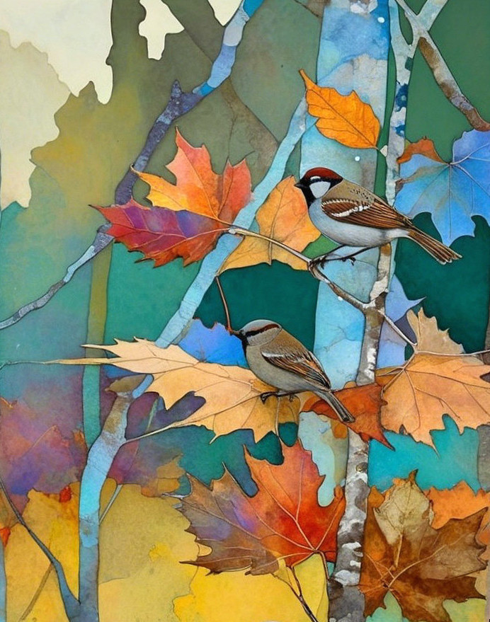 Small Birds on Vibrant Autumn Leaves in Nature Scene