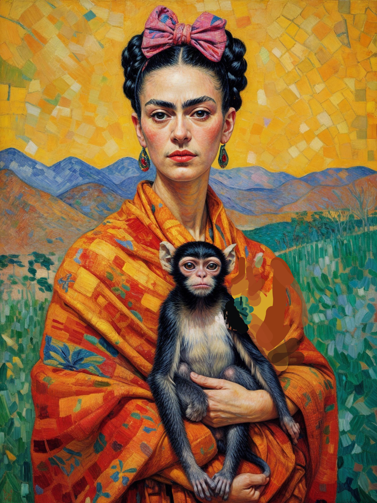 Woman with Braids, Monkey, and Colorful Mosaic Background