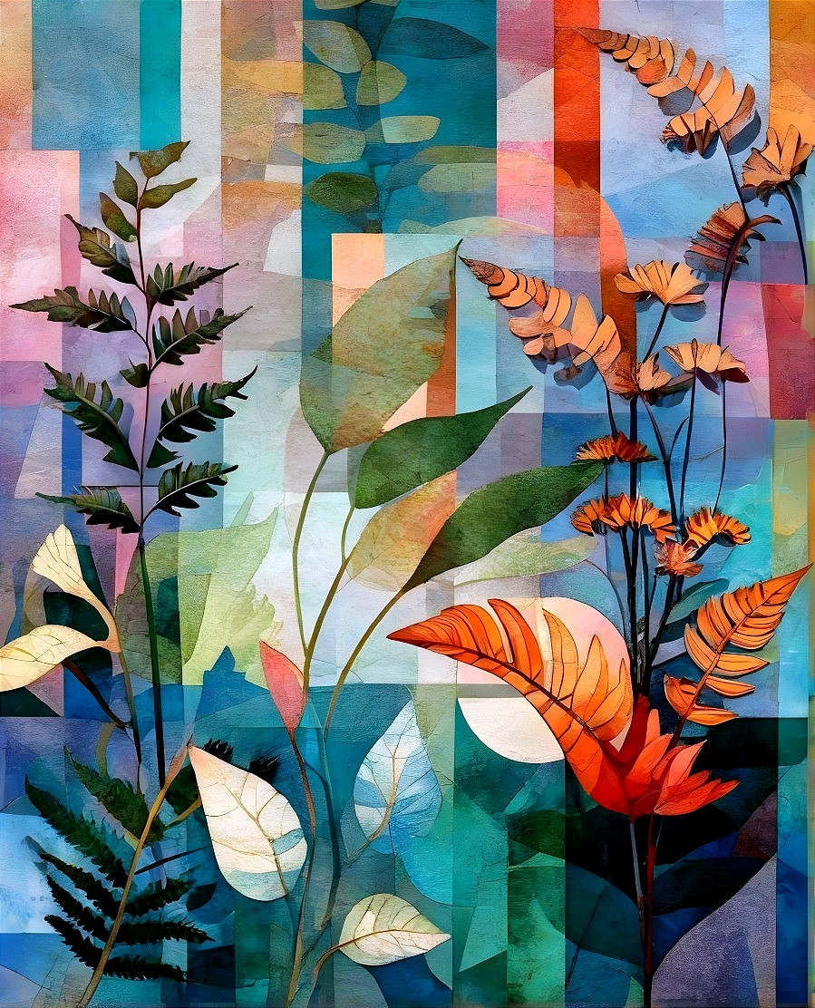 Vibrant Abstract Composition with Stylized Plants and Leaves
