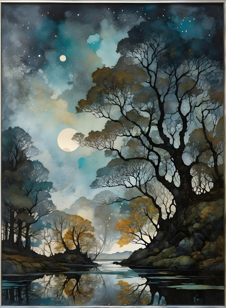Tranquil Night Landscape with Towering Trees and Moonlight