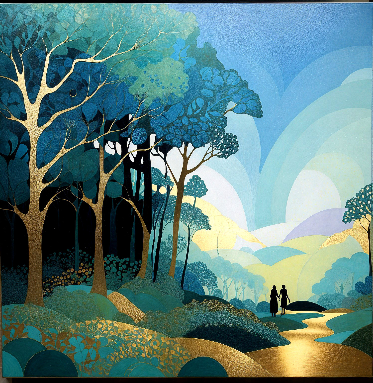 Serene landscape with stylized trees and figures walking