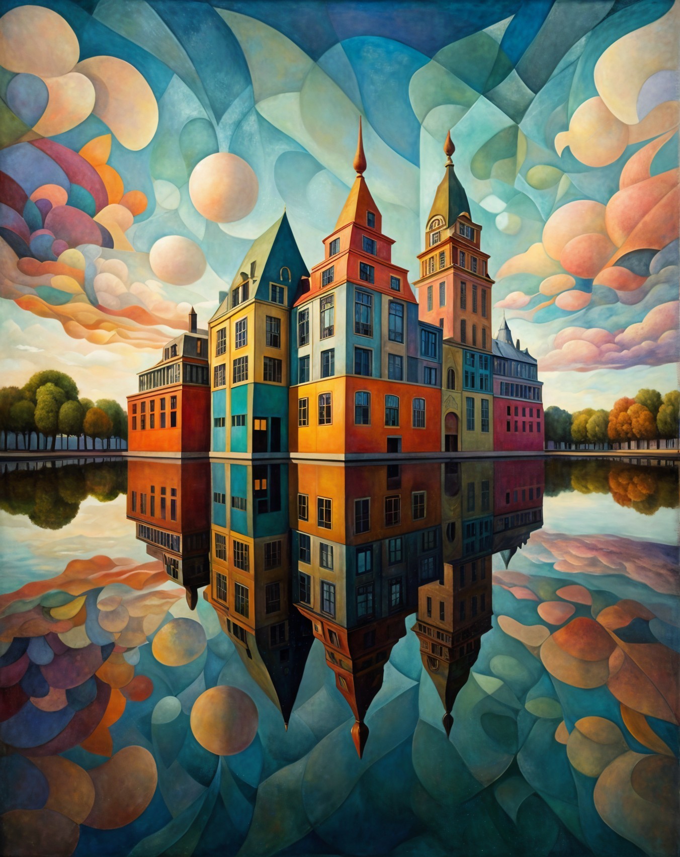 Vibrant Abstract Landscape with Whimsical Castle Reflection