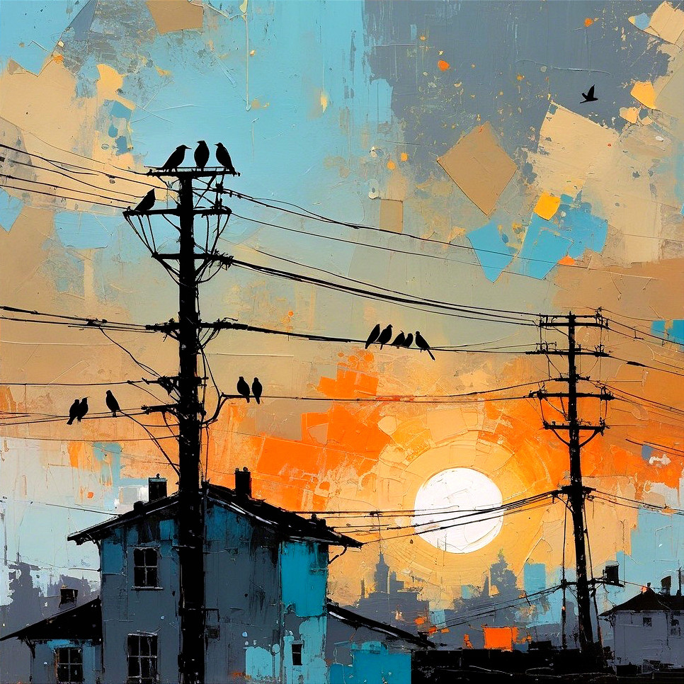 Vibrant Sunset with Utility Poles and Silhouetted House