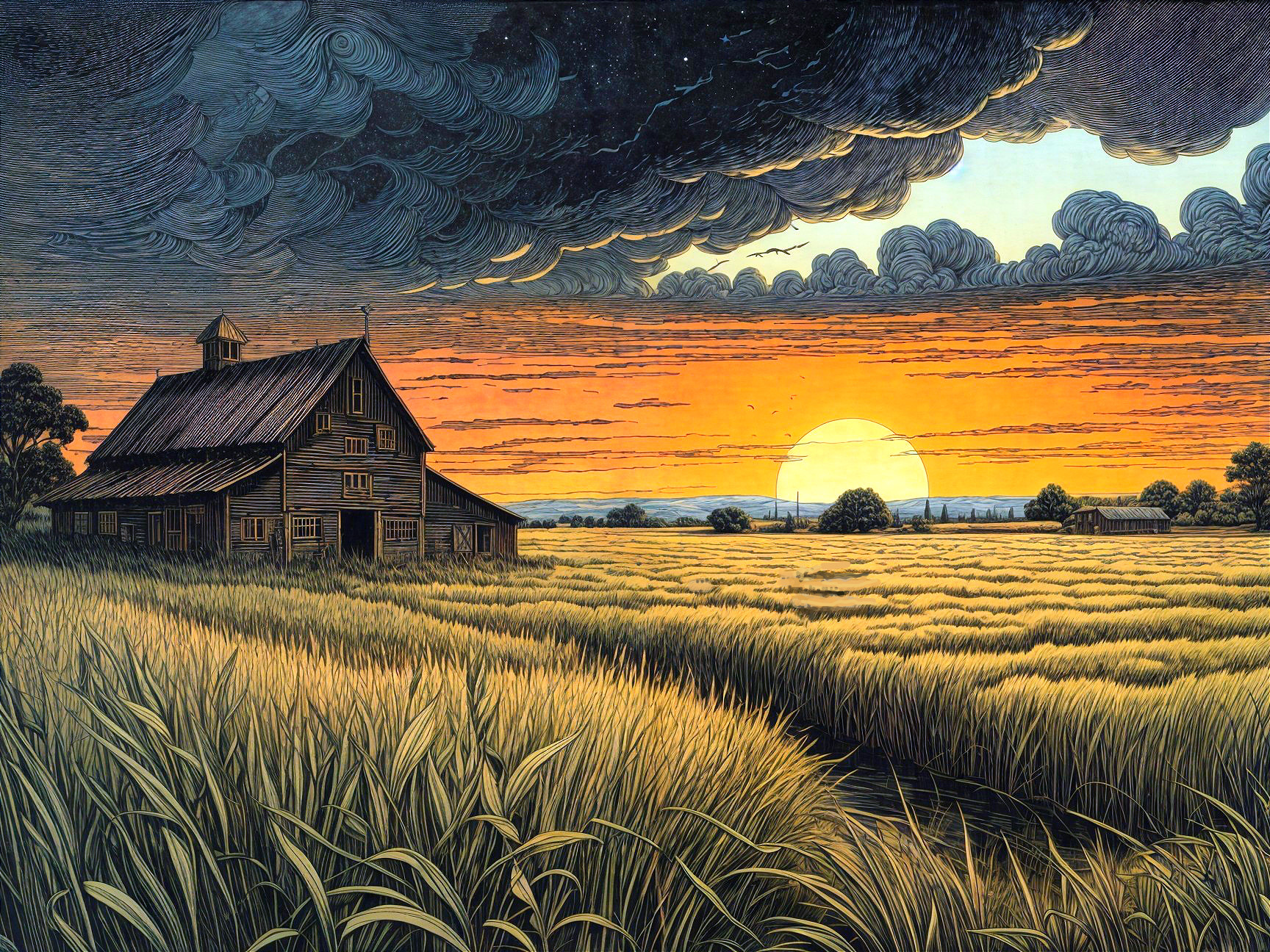 Rustic Barn in Golden Wheat Field at Sunset