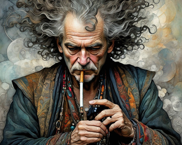 Older man with gray hair in patterned robe and beads