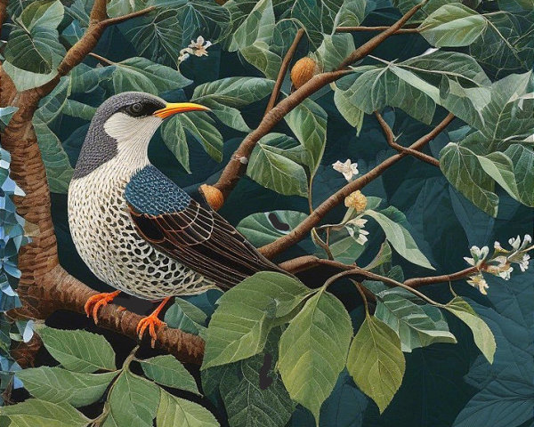 Detailed Illustration of a Bird on a Branch