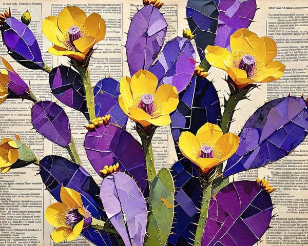Vibrant Paper Art of Blooming Prickly Pear Cacti