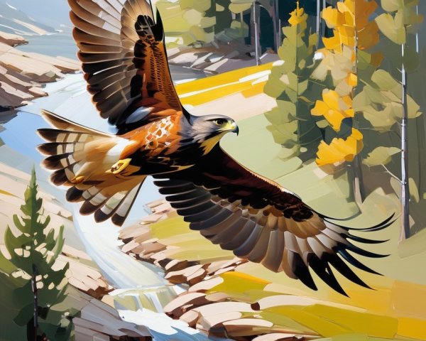 Hawk Soaring Over Vibrant Autumn Landscape Scene