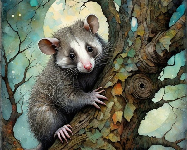 Whimsical Opossum Illustration in Moonlit Setting