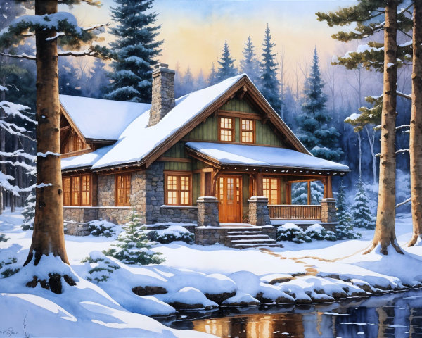 Charming Cabin in a Snowy Evergreen Landscape