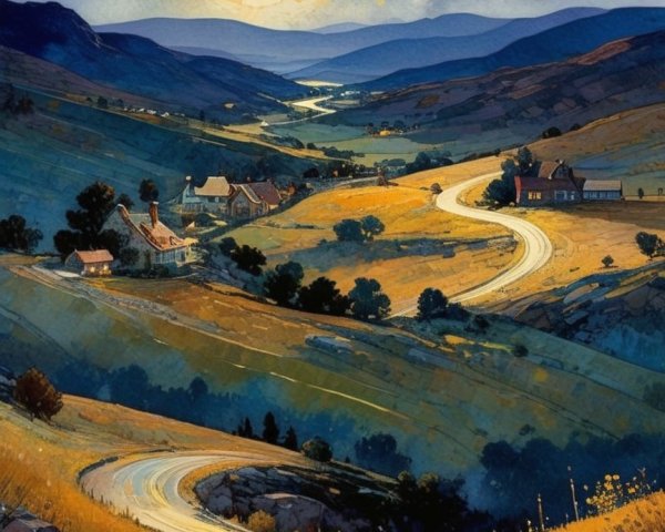 Winding Road in a Serene Starry Valley Landscape