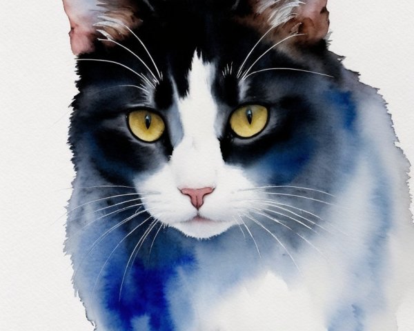 Watercolor Illustration of a Black and White Cat