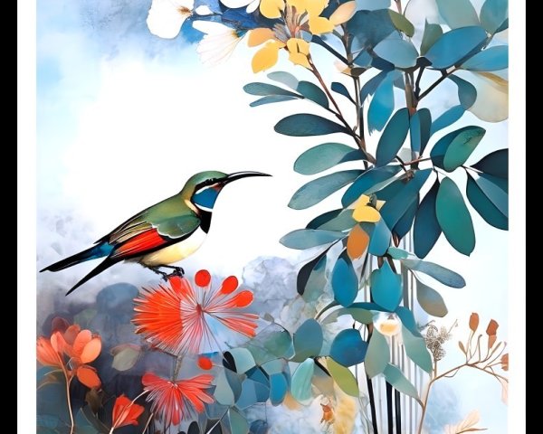 Colorful Bird Surrounded by Lush Foliage and Flowers