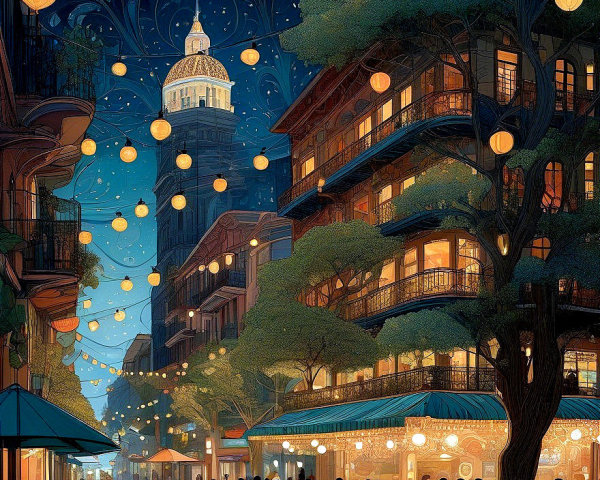Night Scene of a Vibrant City with Outdoor Dining