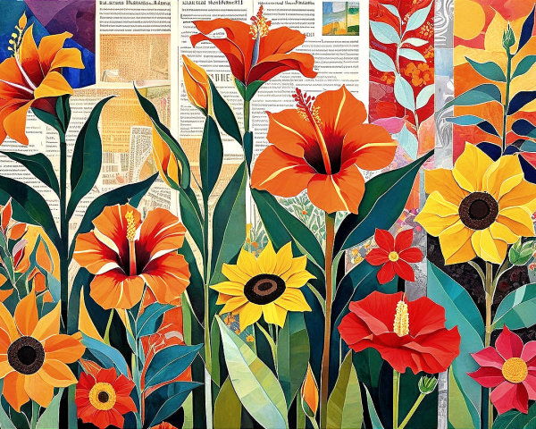 Vibrant Floral Collage with Aged Newspaper Background
