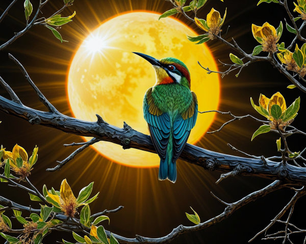 Colorful Bird Perched on Branch with Bright Sun Background