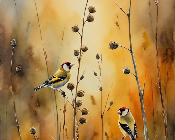 Goldfinches on Dried Stems in a Warm Landscape