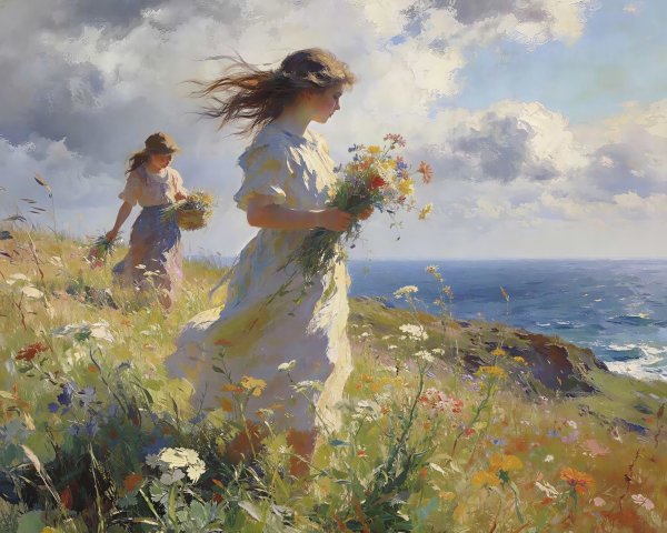 Young Women Gathering Wildflowers on Ocean Cliffside