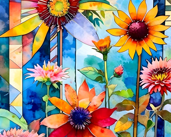 Vibrant Watercolor Painting of Colorful Flowers