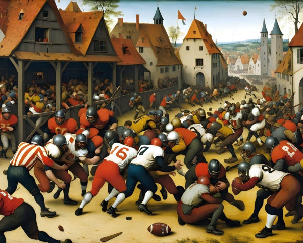 Medieval Town Football Game Amidst Traditional Architecture