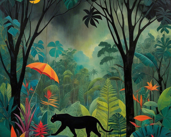 Lush jungle scene with vibrant foliage and a panther