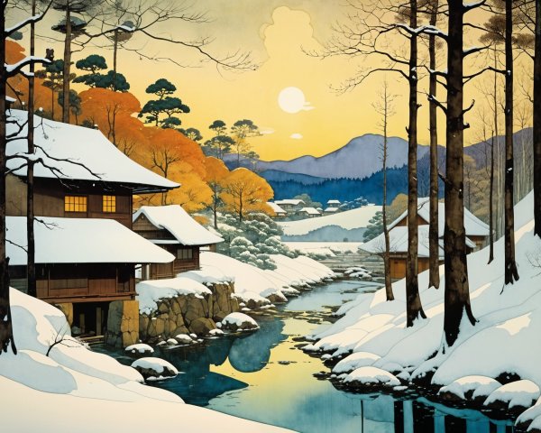 Serene Winter Landscape with Japanese Houses and Snow