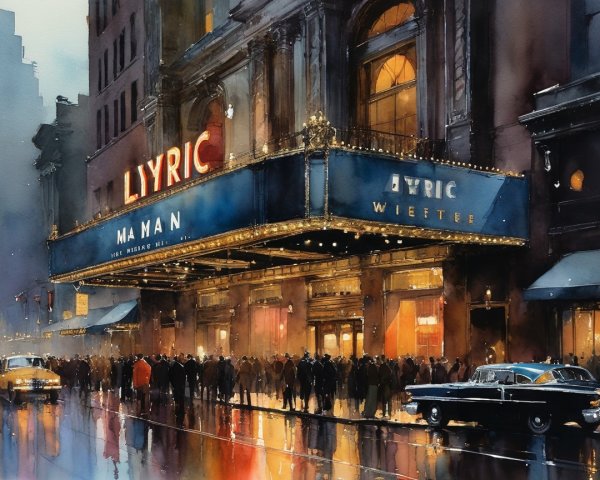 Dusk City Scene with Lyric Theatre and Classic Cars