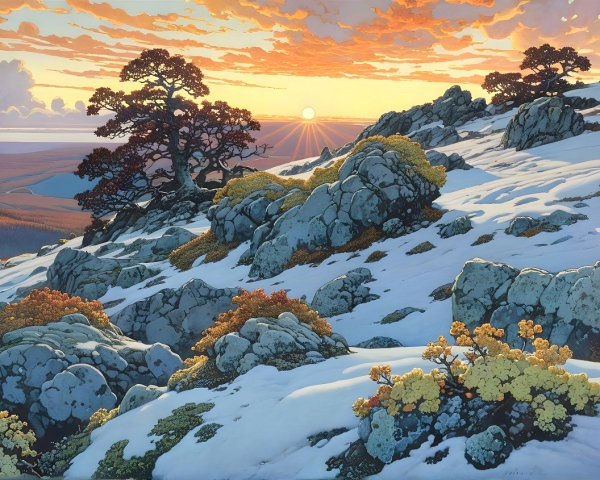 Serene Sunrise Landscape with Snow and Colorful Vegetation