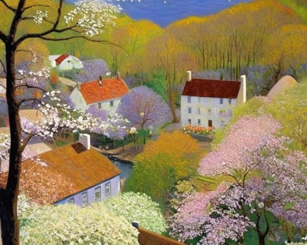 Vibrant Spring Landscape with Blooming Trees and River