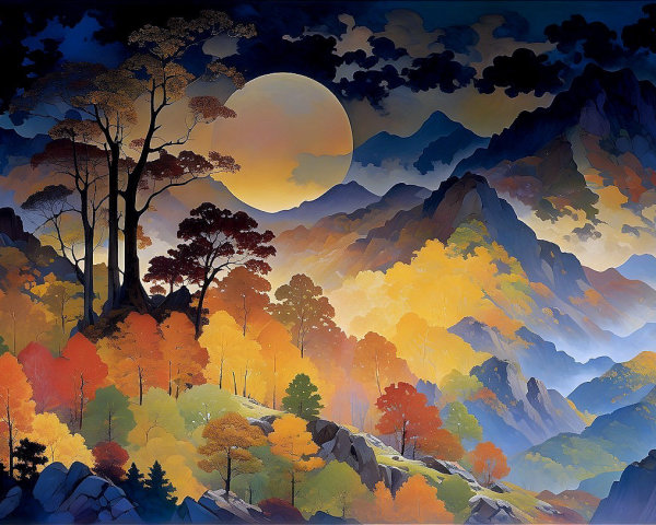 Serene Landscape with Majestic Mountains and Autumn Trees