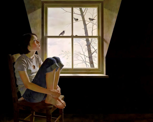 Realistic Painting of Woman Gazing Out Window
