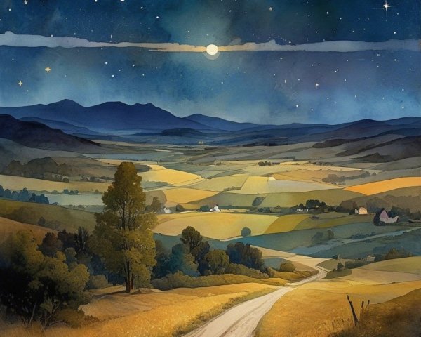Serene Night Landscape with Moonlit Hills and Cottages