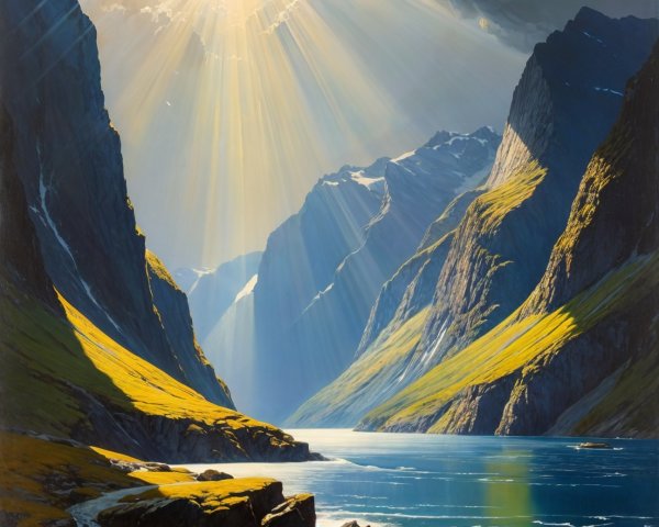 Serene River Surrounded by Towering Mountains and Greenery