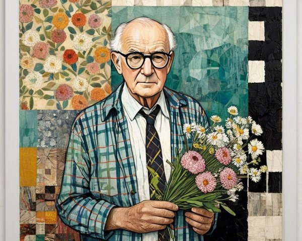 Elderly Man with Glasses Holding Colorful Flower Bouquet