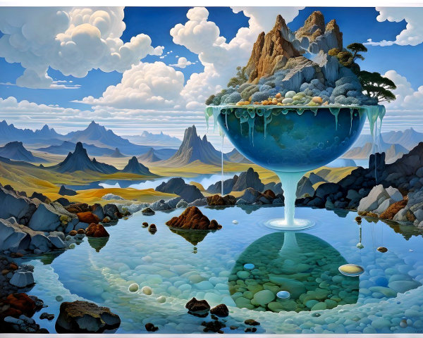 Surreal Landscape with Overflowing Bowl and Mountains
