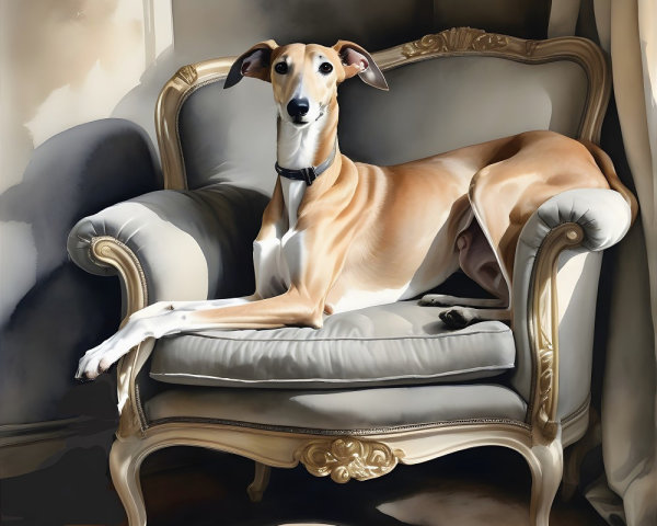 Greyhound on Vintage Armchair with Sunlight Highlights